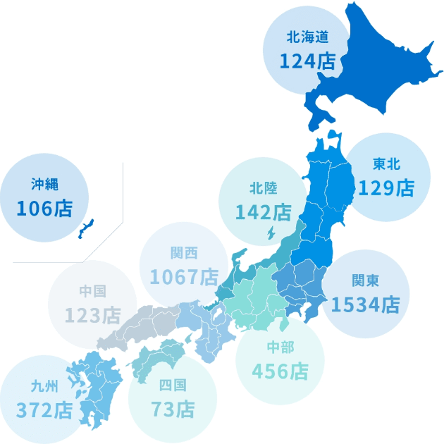 北海道124店 東北129店 北陸142店 関東1534店 中部456店 関西1067店 中国123店 四国73店 九州372店