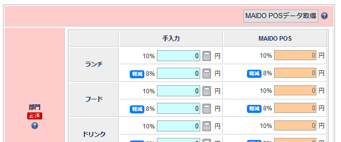 「通常税率10%」と「軽減税率8%」の各入力枠を