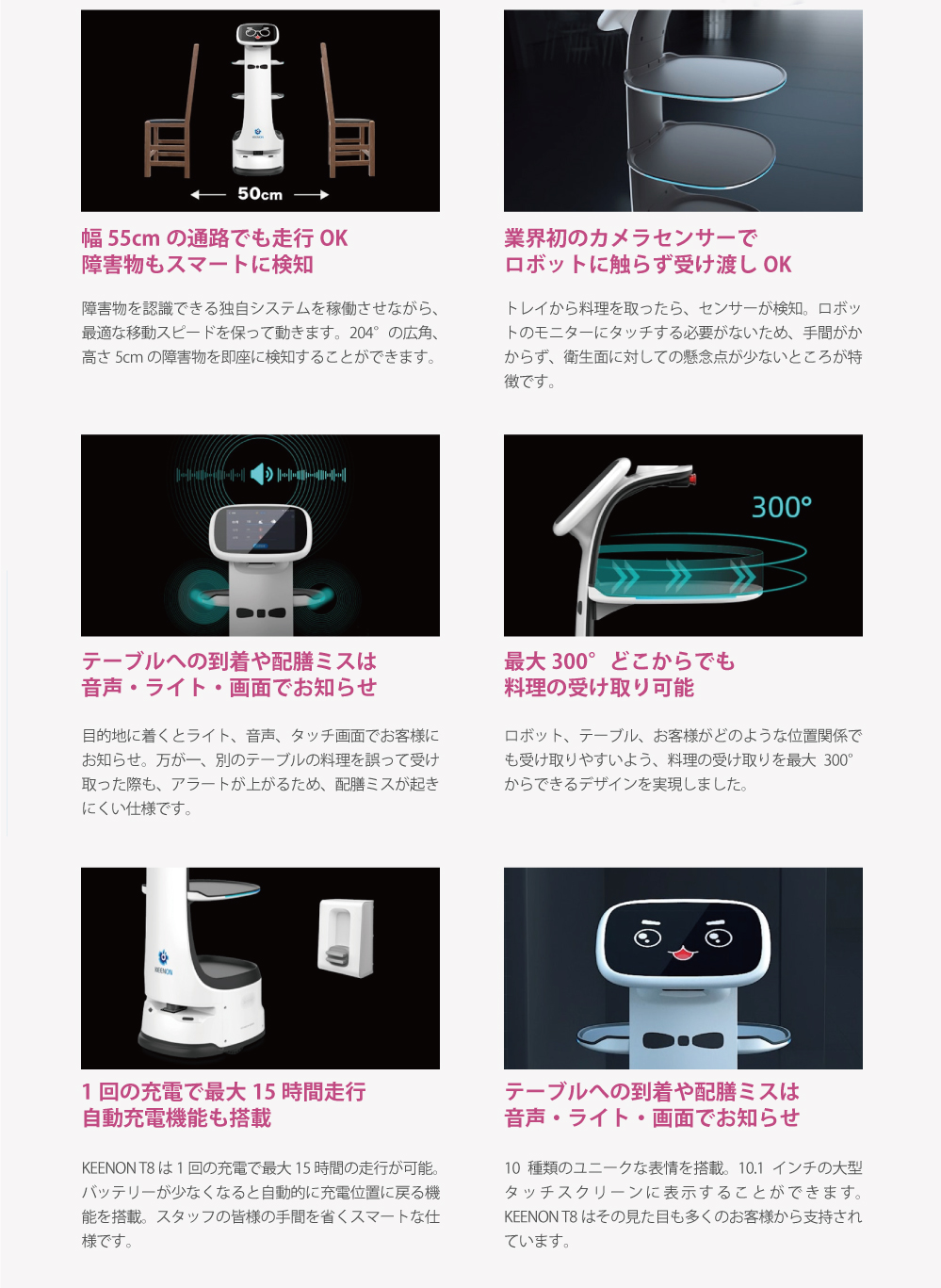 積載量2段/10kg +最下部10kg 道幅55cmまで 業界初のカメラセンサーでロボットに触らず受け渡しOK 到着や配膳ミスは音声・ライト・画面でお知らせ 最大300°どこからでも料理の受け取り可能 1回の充電で15時間走行 自動充電機能も搭載